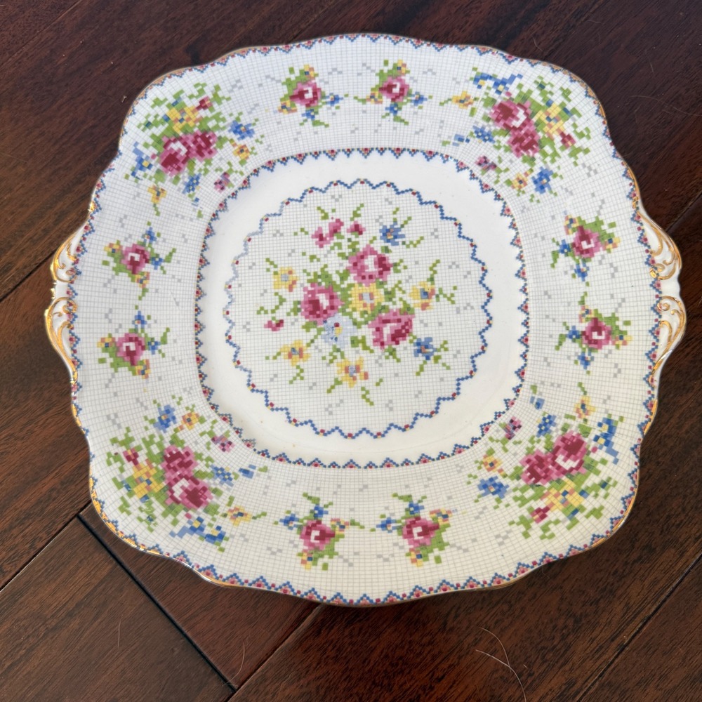 Royal Albert Needlepoint Bone China 10" Handled Cake Plate Roses England Vintage